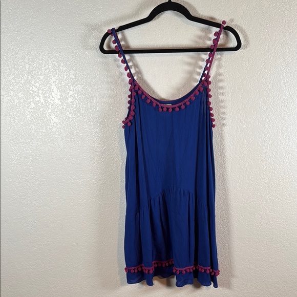 Misa Blue Pink Pom Poms Trim Mini Dress Size Medium Summer Vacation - Picture 1 of 7